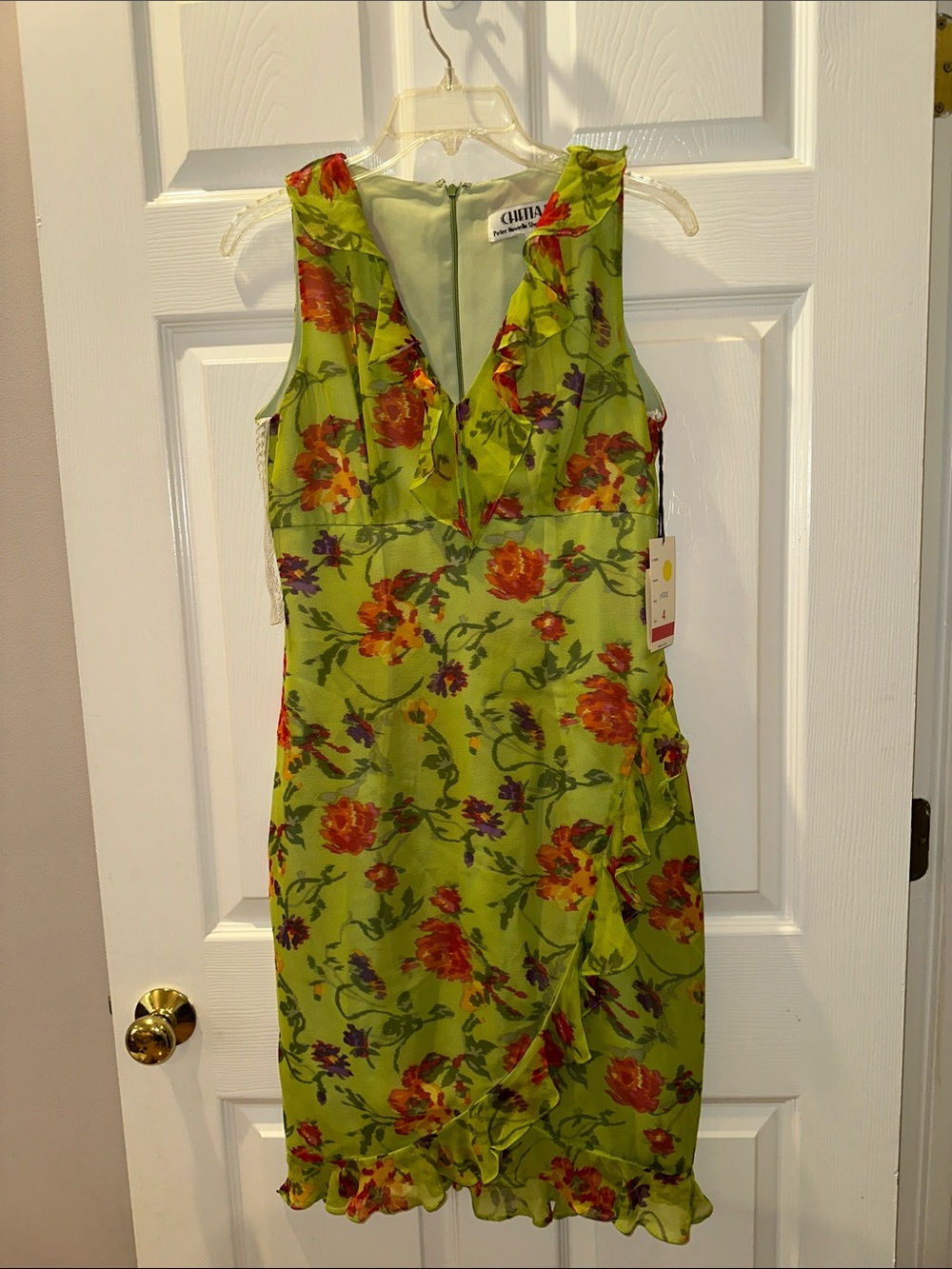 Chetta B Lime Green Floral Midi Dress with Ruffle V-Neck
